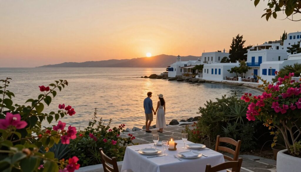 A breathtaking sunset over the tranquil waters of Paxos, Greece, setting the perfect scene for a romantic getaway. In the foreground, a cozy table for two is elegantly set with fine dinnerware and flickering candles, surrounded by blooming bougainvillea. The middle ground features couples enjoying a leisurely stroll along the picturesque coastline, hand in hand, framed by lush greenery and vibrant flowers. In the background, traditional white-washed buildings with blue shutters nestle among the hills, silhouetted against the golden sky. The lighting is warm and soft, creating a serene and intimate atmosphere, perfect for couples seeking a romantic escape. Capture the scene from a slightly elevated angle to emphasize the beauty of the idyllic landscape and the emotional connection between the couples.