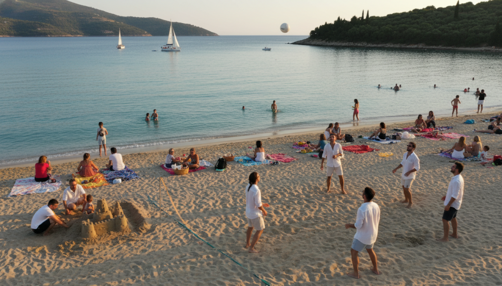 A serene beach scene on Paxos Island, showcasing various activities for beach lovers. In the foreground, a diverse group of individuals in modest casual clothing are engaged in beach volleyball and building sandcastles. The middle ground features families relaxing on colorful beach towels, enjoying picnics, and children playing by the gentle waves. To the background, lush green hills rise against a clear blue sky, with a tranquil sea shimmering under the soft golden sunlight. The atmosphere is vibrant and joyful, capturing the essence of a perfect summer day at the beach. Use a wide-angle lens to emphasize the beauty of the landscape, with warm, inviting lighting that enhances the cheerful mood.