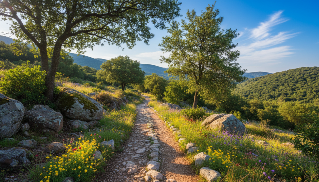 A stunning hiking trail winding through the lush greenery of Paxos, with vibrant wildflowers dotting the path. In the foreground, a well-trodden dirt trail lined with stones leads the viewer's eye deeper into the scene. The middle ground features tall, dense trees casting dappled sunlight onto the trail, with a few small boulders adding natural texture. In the background, gentle hills rise, partially covered in thick forest, under a bright blue sky with fluffy white clouds. The atmosphere is serene and inviting, evoking a sense of adventure and exploration. Use warm, soft lighting to create a peaceful mood, and apply a slightly wider lens angle to capture the sprawling beauty of the landscape.