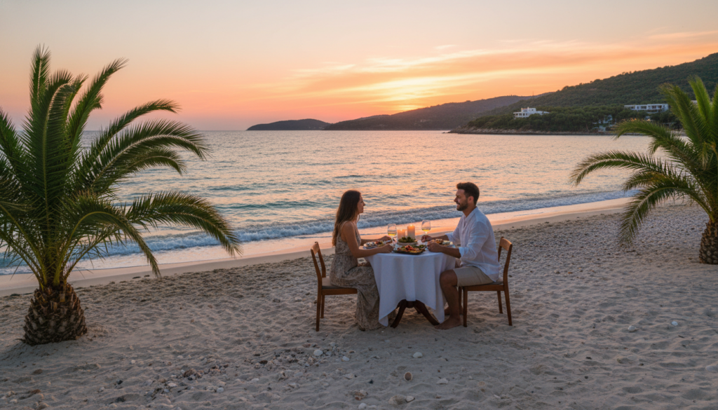 A stunning view of a romantic honeymoon scene on Paxos island, featuring a couple seated at a small, elegantly set table with a candlelit dinner on a secluded beach. In the foreground, soft white sand with seashells, and gently swaying palm trees. The middle ground shows the couple, dressed in modest casual clothing, enjoying each other's company under a glowing sunset sky painted in warm hues of orange and pink. In the background, crystal-clear turquoise waters with small waves lapping against the shore, and lush green hillsides typical of Paxos island. The atmosphere is tranquil and intimate, with soft, golden lighting enhancing the romantic mood, captured from a slightly elevated angle to include both the couple and the mesmerizing landscape.