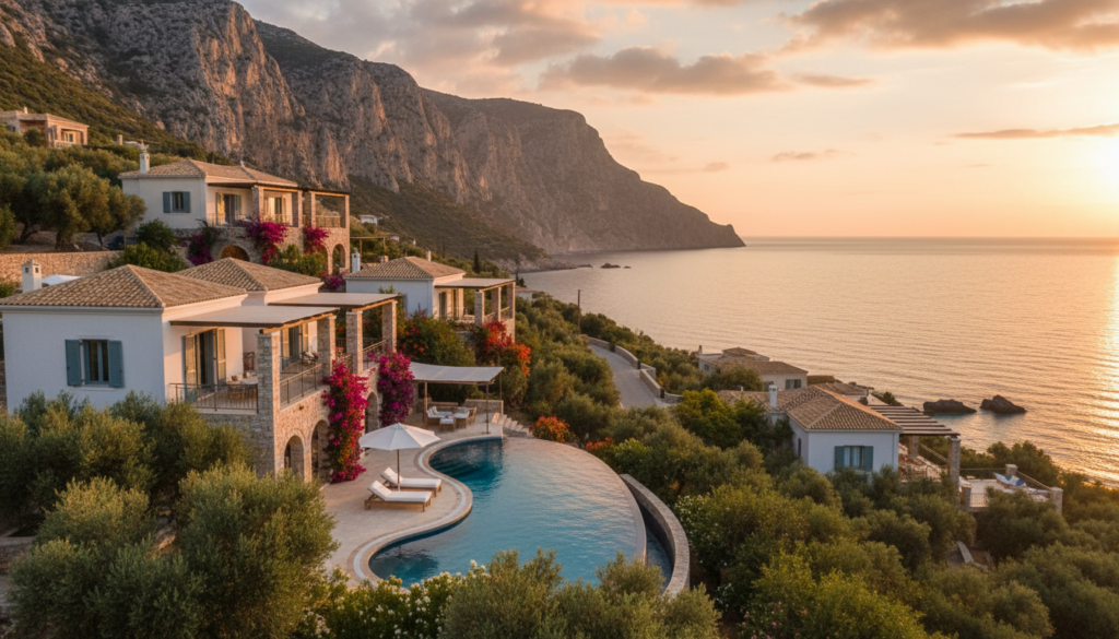 A stunning view of luxury villas on Paxos Island, showcasing elegant architecture set against a backdrop of crystal-clear turquoise waters. In the foreground, lush greenery and vibrant flowers frame a beautifully designed villa with a private infinity pool, reflecting the serene atmosphere. In the middle ground, additional villas are nestled on a hillside, each with balconies offering scenic views of the coast. The background features dramatic cliffs and the tranquil sea, kissed by the warm golden hues of a sunset. The lighting is soft and warm, creating a romantic, inviting mood perfect for an escape. Capture this idyllic scene with a wide-angle lens to include the expansive view and enhance the sense of luxury and tranquility.