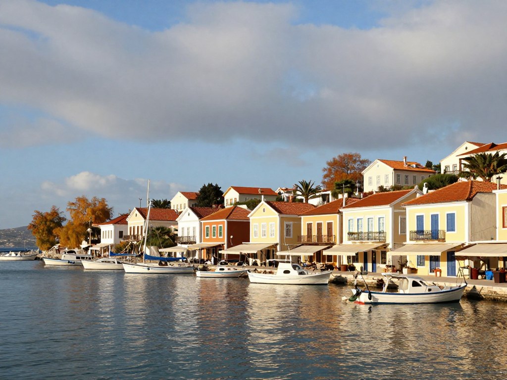 Autumn view of Gaios harbour in Paxos with boats and traditional buildings