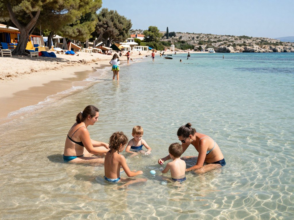 Family enjoying a day at a shallow, protected beach in Paxos