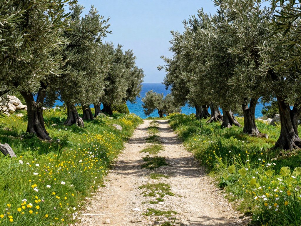 Hiking trail through olive groves in Paxos with sea views