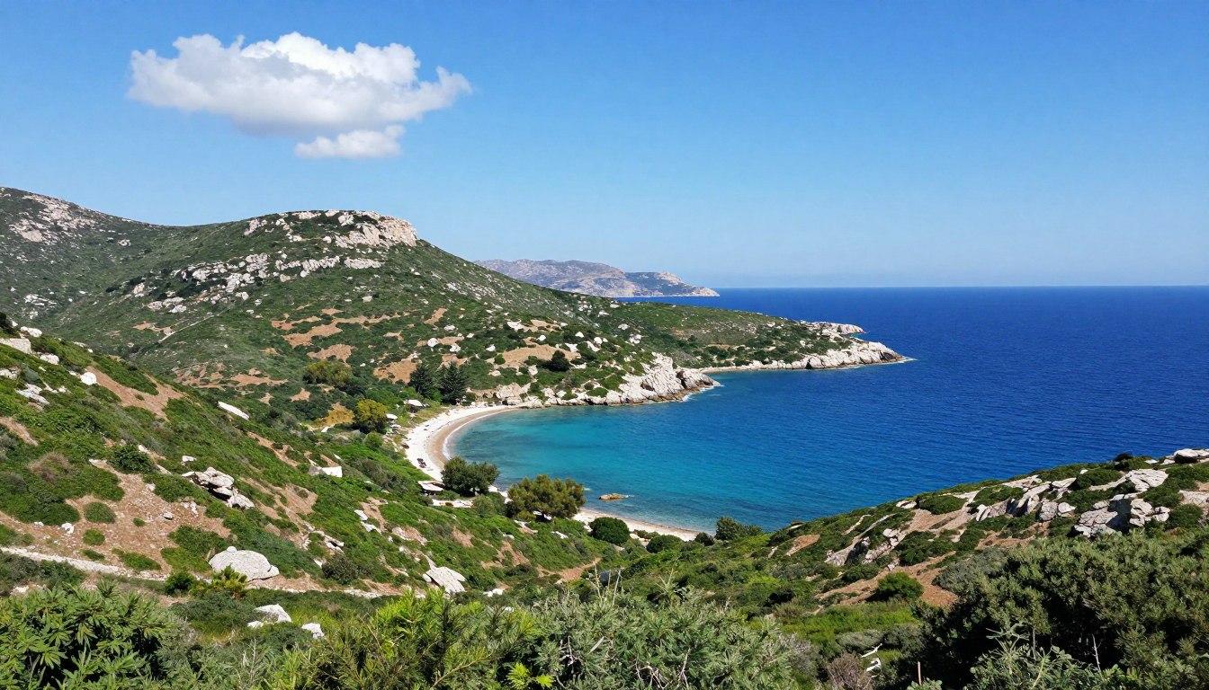 Panoramic view of Paxos island showing its green landscape and blue waters on a sunny day