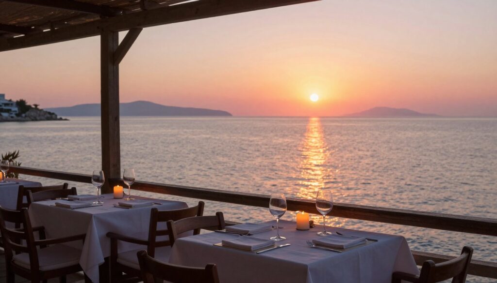 Romantic sunset view from a Paxos taverna overlooking the sea