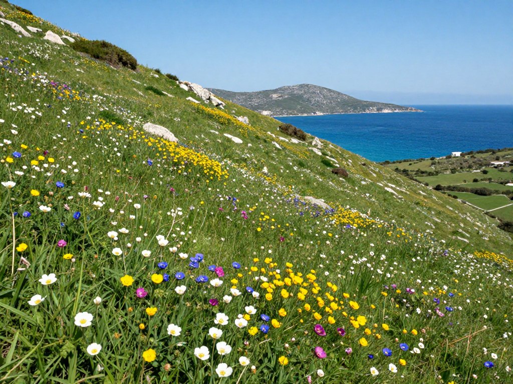 Spring flowers blooming on Paxos with the sea in the background