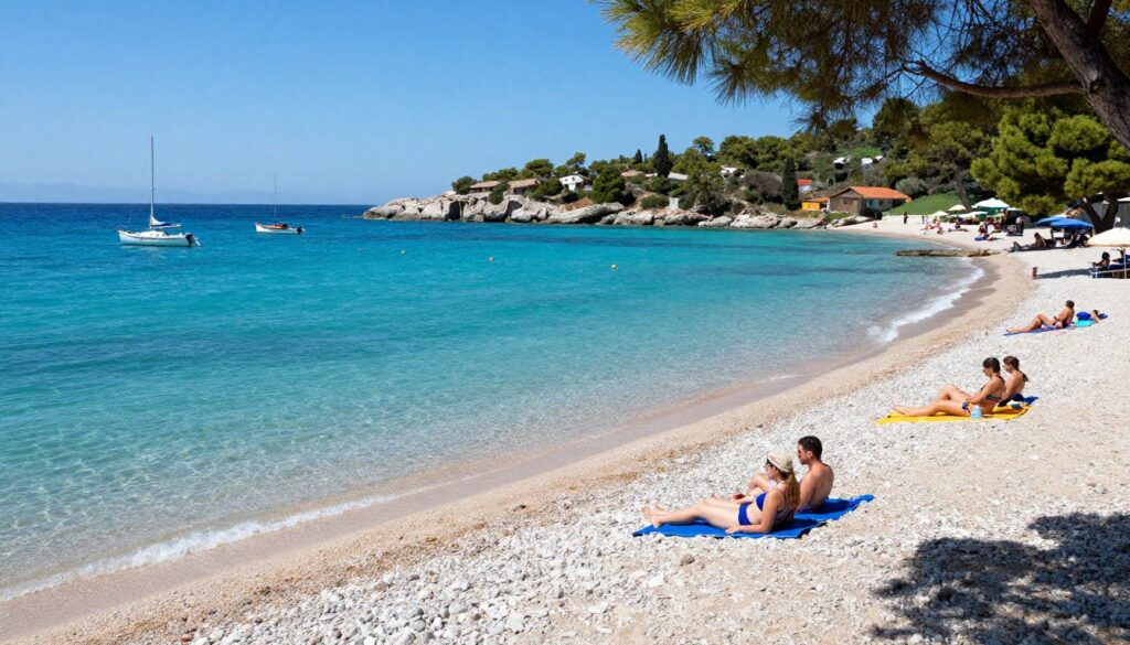 Summer beach scene in Paxos with crystal clear waters and sunbathers