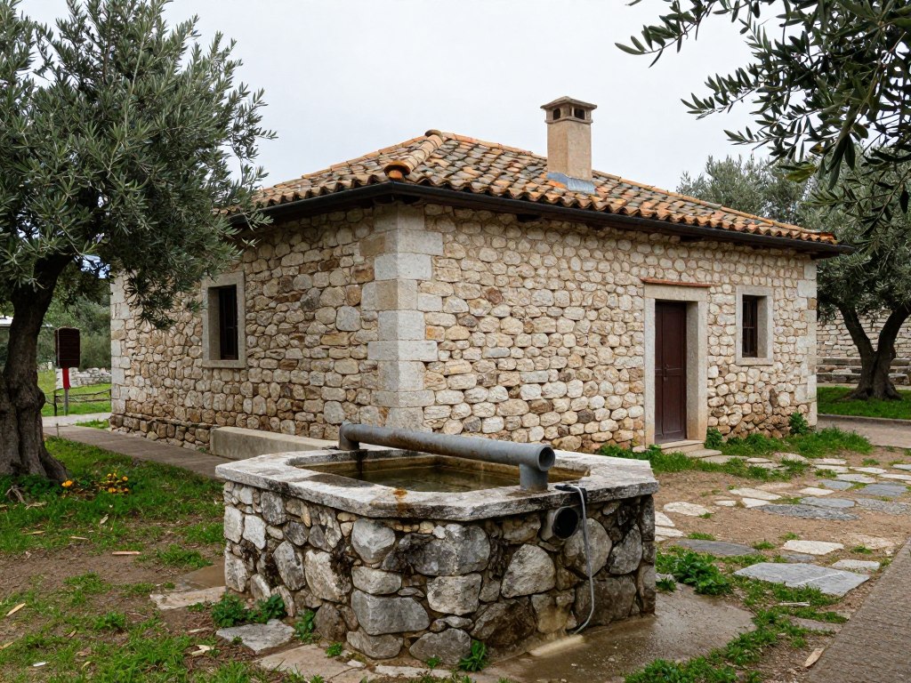 Traditional Paxos stone house with water cistern (sterna) collecting rainwater