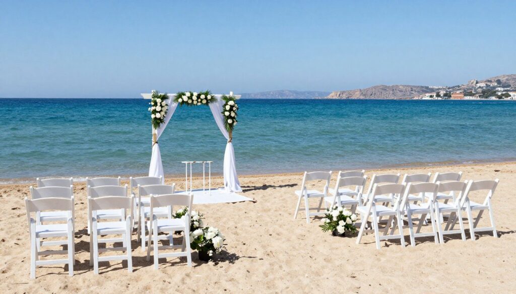 Wedding setup on a Paxos beach with white chairs and floral decorations