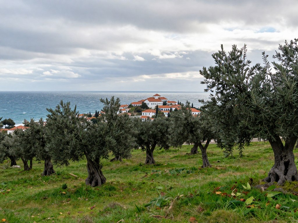 Winter scene in Paxos showing cloudy skies over the green landscape and choppy sea